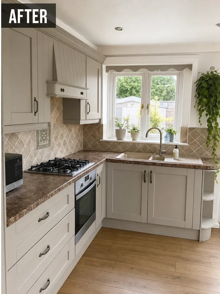 Kitchen cupboards after respray, pebble grey satin finish