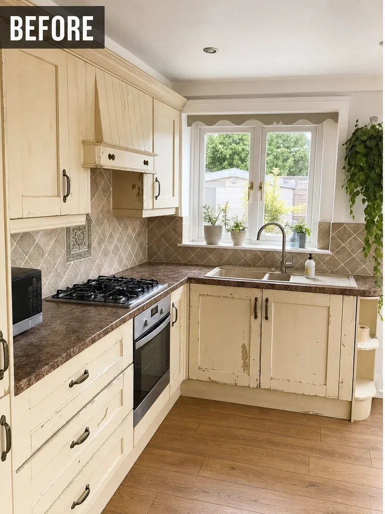Kitchen cupboards before respray, aged cream finish