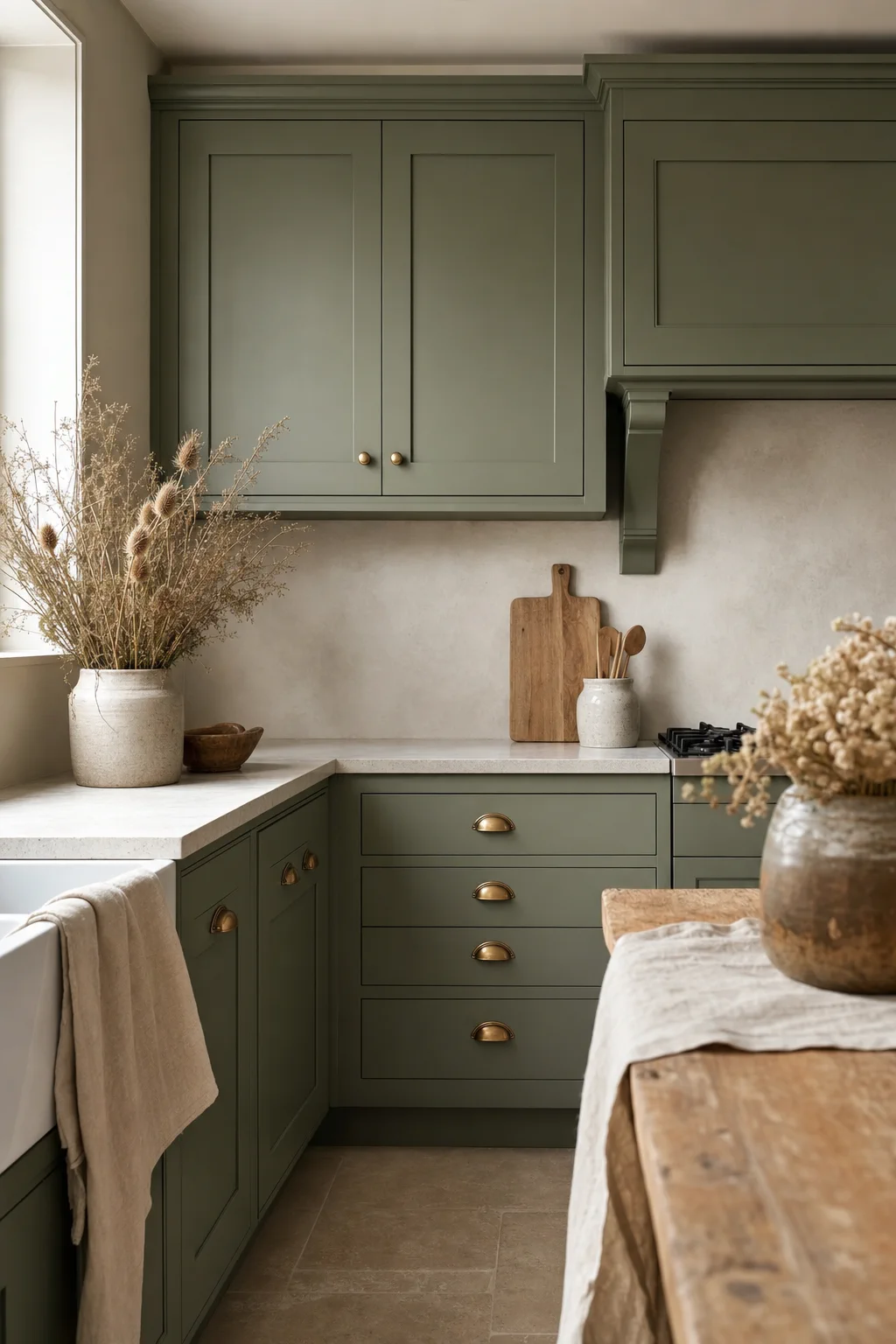 Kitchen cupboard colour reference - cream to sage green satin in 2K industrial coating