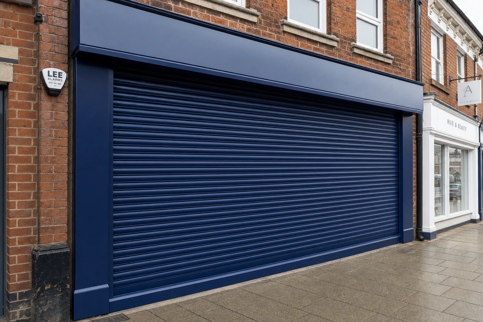 Shopfront shutter colour reference - bare metal to navy blue gloss in 2K direct-to-metal coating