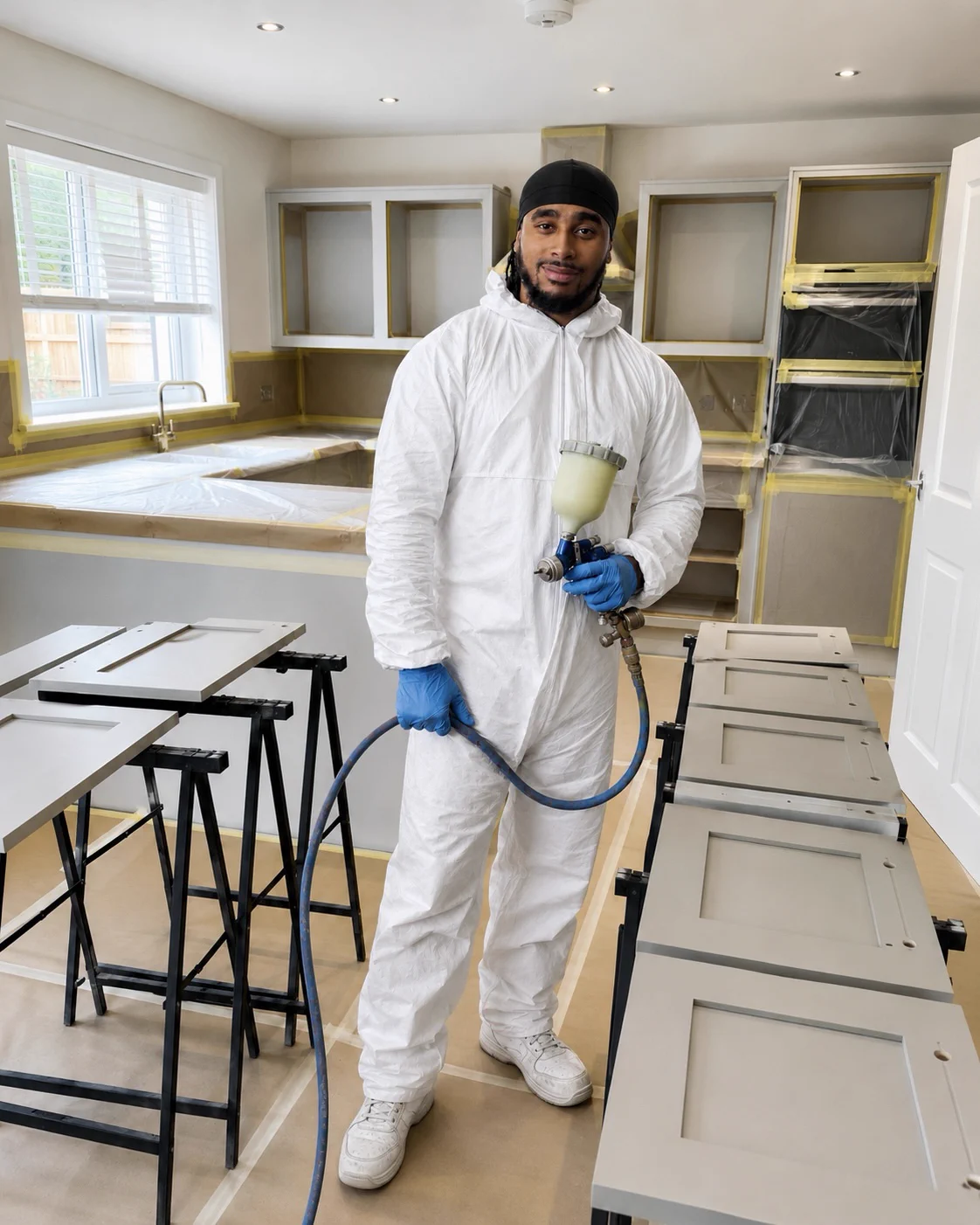 Jay, founder of ProFinish Spray Transformations, in white Tyvek suit holding HVLP spray gun in a masked kitchen