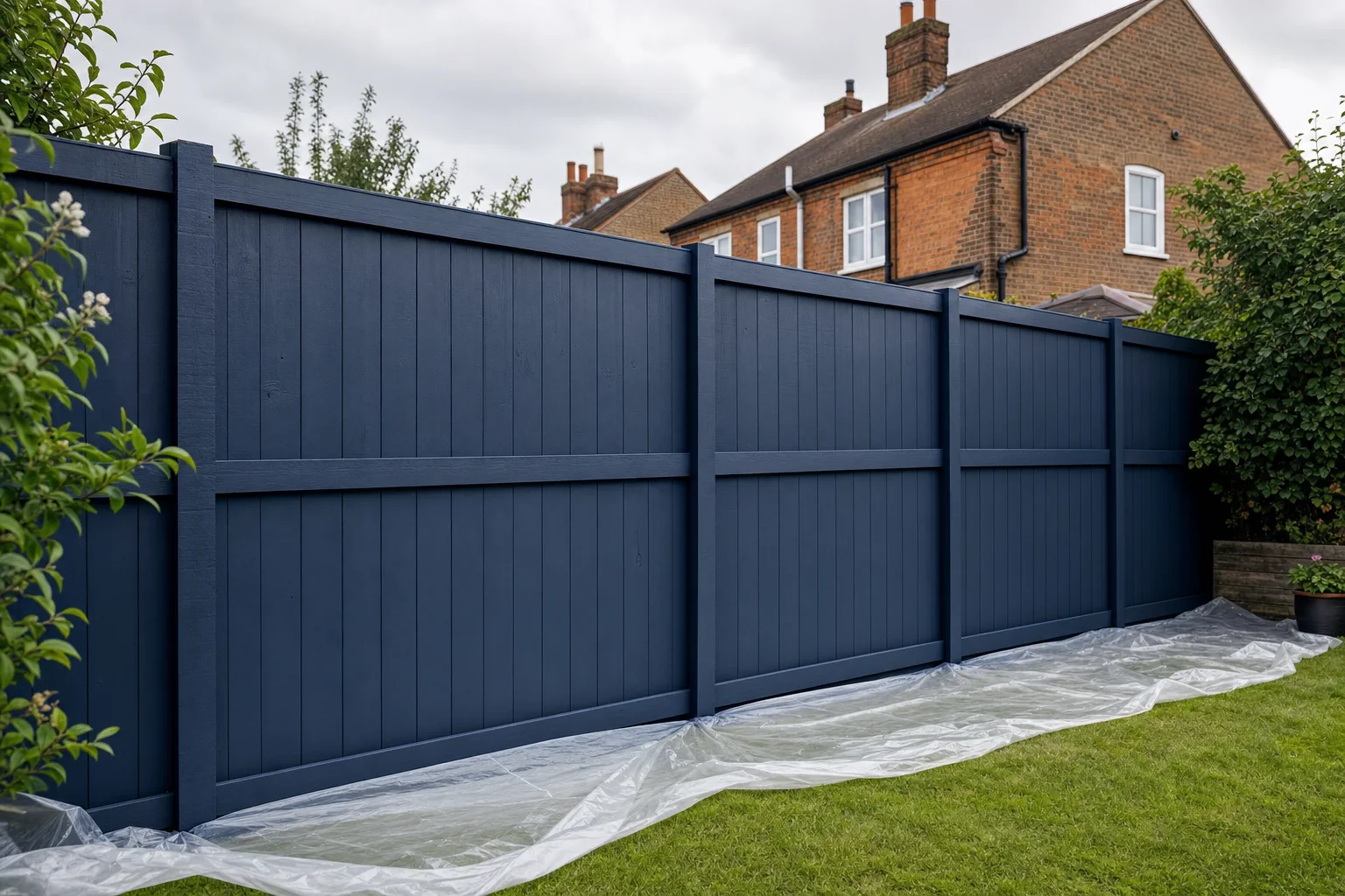 Jay spraying dark navy blue fence panels in a UK back garden