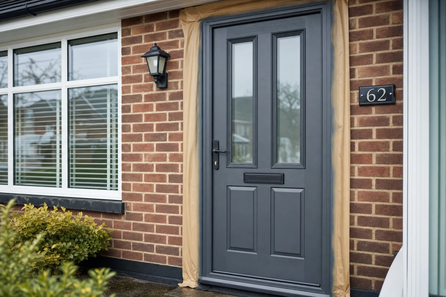 Jay spraying a uPVC front door dark navy blue on a British brick house