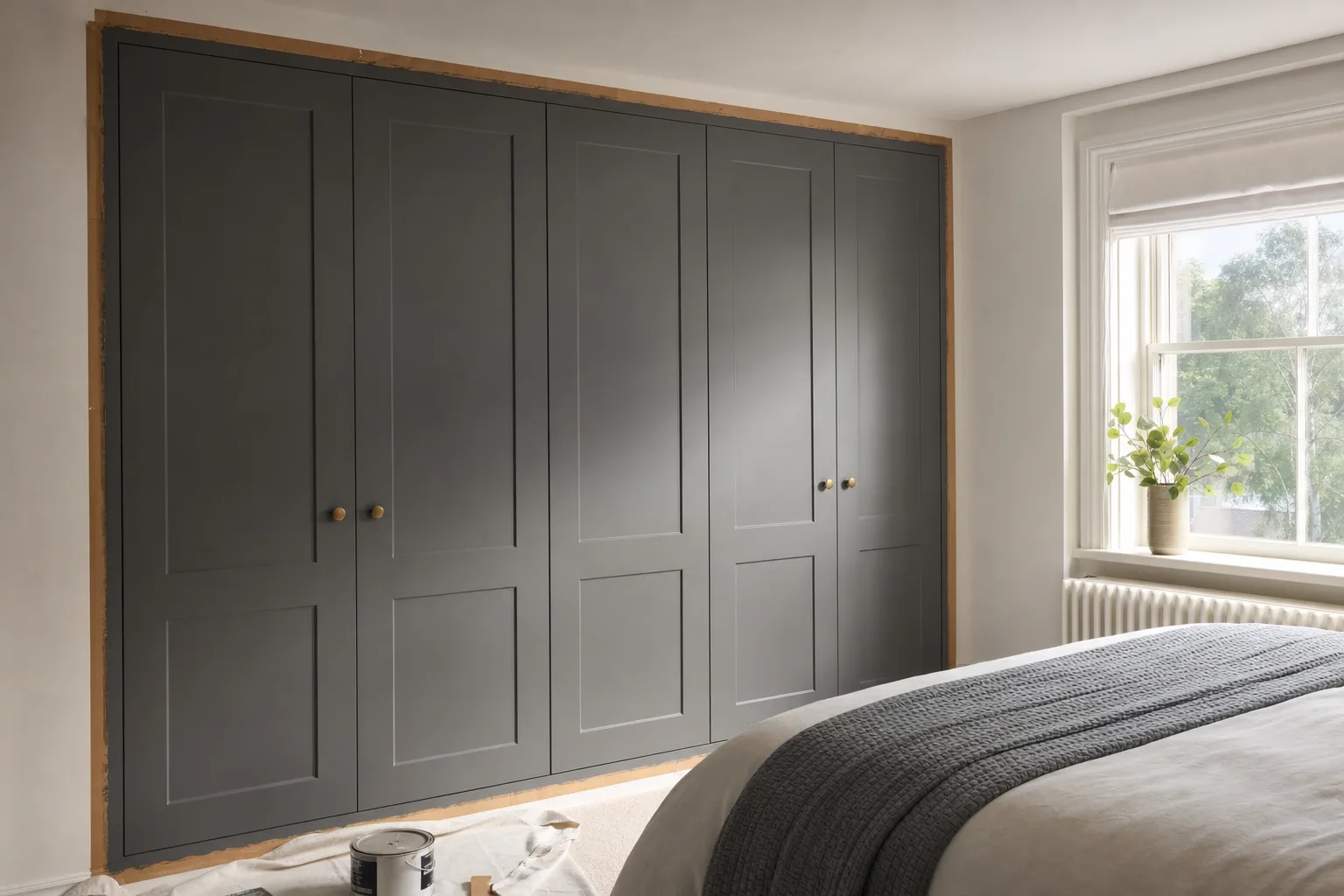 Jay spraying fitted wardrobe doors dark grey in a bedroom